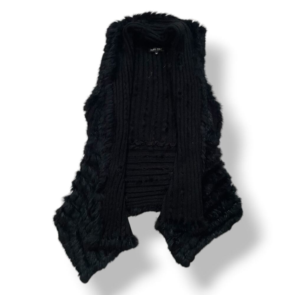 Boho Chic Black Genuine Rabbit Fur Knit Open Front Vest Sweater M